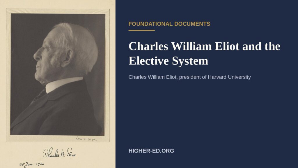 Profile portrait photograph of Charles William Eliot beside the page title